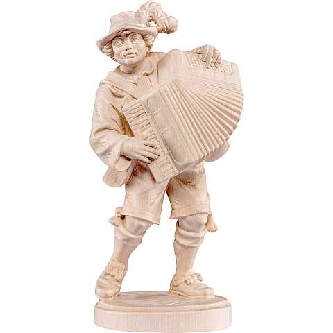 Statuina Suonatore di Fisarmonica, Statua Musicista con Fisarmonica, Legno Naturale, Linea  13 cm.