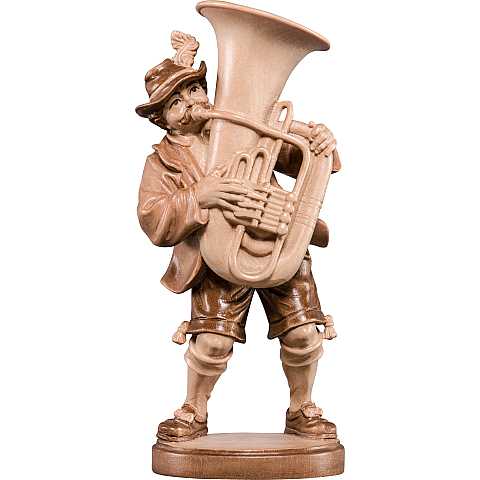 Statuina Suonatore di Tuba, Statua Musicista con Tuba, Legno 3 Toni di Marrone, Linea  13 cm.