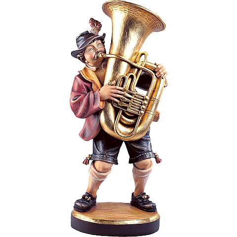 Statuina Suonatore di Tuba, Statua Musicista con Tuba, Legno Dipinto a Mano, Linea  20 cm.