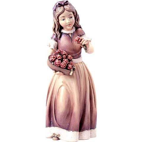 Statuina Fanciulla con Rose, Statua Ragazza con Rosa, Legno Colorato Dipinto a Mano, Linea 30 Cm - Demetz Deur