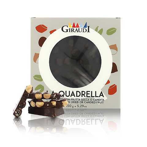 Tavoletta di cioccolato fondente 61% con Nocciole IGP Piemonte intere, 150g, linea Le Quadrelle