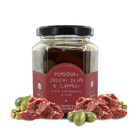 Pomodori secchi, olive e capperi di Pantelleria in olio extravergine d'oliva, vasetto 240g