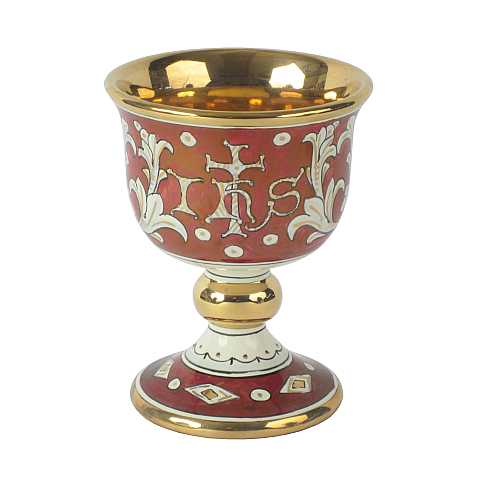 Sambuco Arte Sacra Calice in Ceramica di Deruta, Calice Liturgico Artigianale Realizzato in Italia a Deruta con Simbolo Ihs ''Modello Rubino e Oro'' - 15 cm