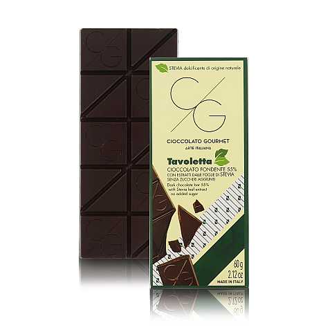 CG Tavoletta Di Cioccolato Gourmet, Cioccolato Fondente 55% Senza Zuccheri Aggiunti Con Stevia, 60 Grammi